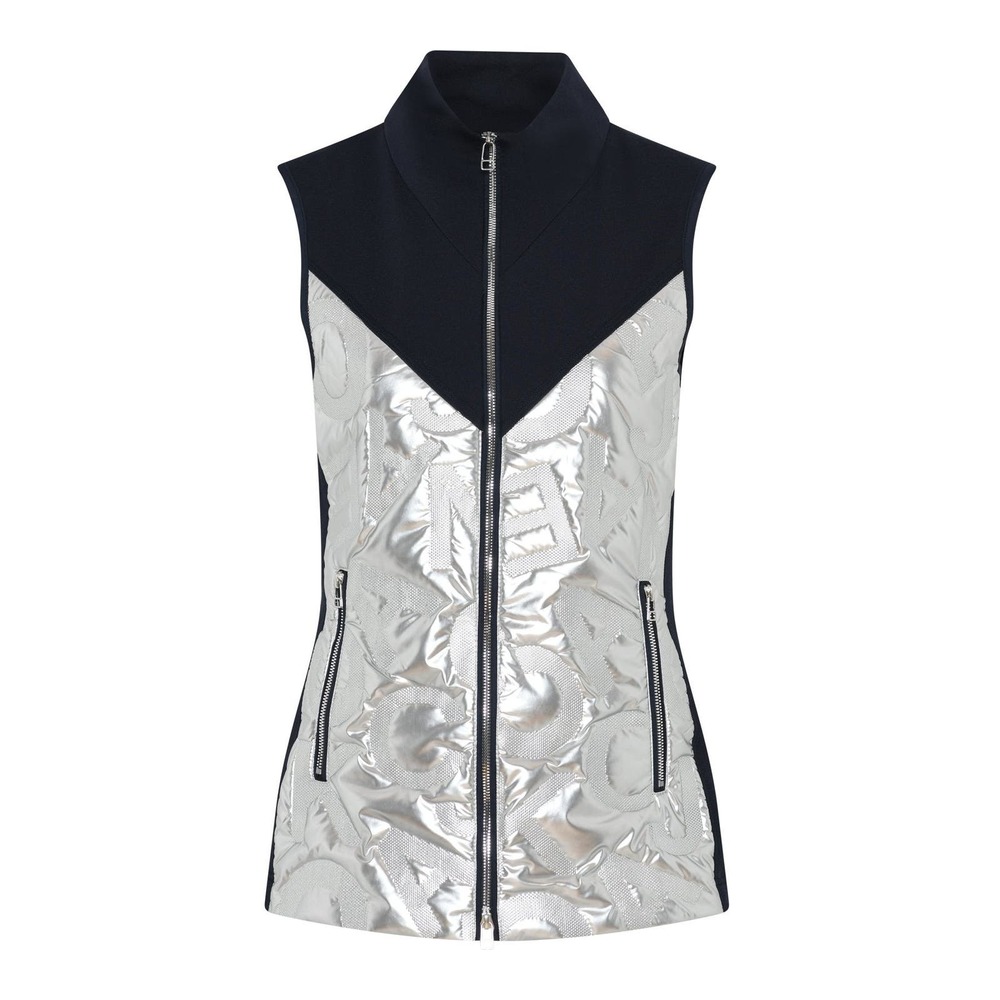 Women's Silver Vest Size 14 Metallic Navy Blue Typography Quilted Zip NWT I'CONA